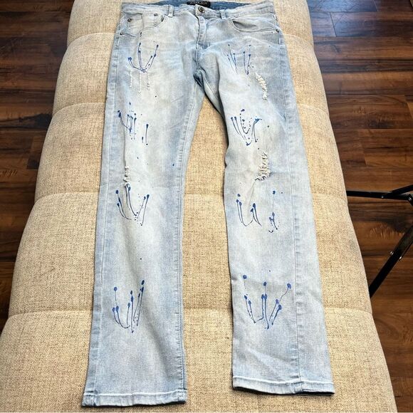 M Society Bleached Skinny Fit Rip And Tear With Splatter Jeans Size 34x30 - Picture 5 of 11